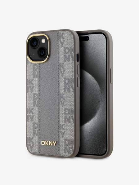 DKNY PU Leather Checkered Pattern Magsafe Back Cover pentru iPhone 15 bej DKNY