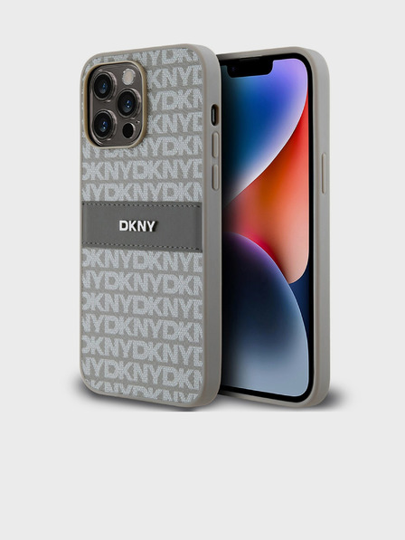 DKNY PU Leather Repeat Pattern Tonal Stripe Back Cover pentru iPhone 14 Pro Beige DKNY