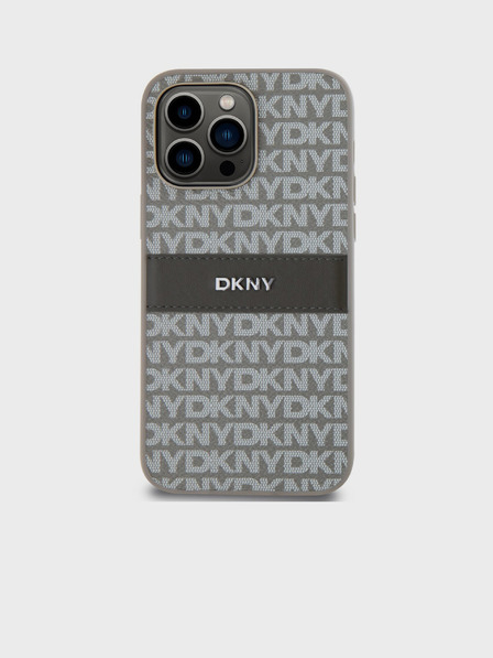 DKNY PU Leather Repeat Pattern Tonal Stripe Back Cover pentru iPhone 14 Pro Beige DKNY
