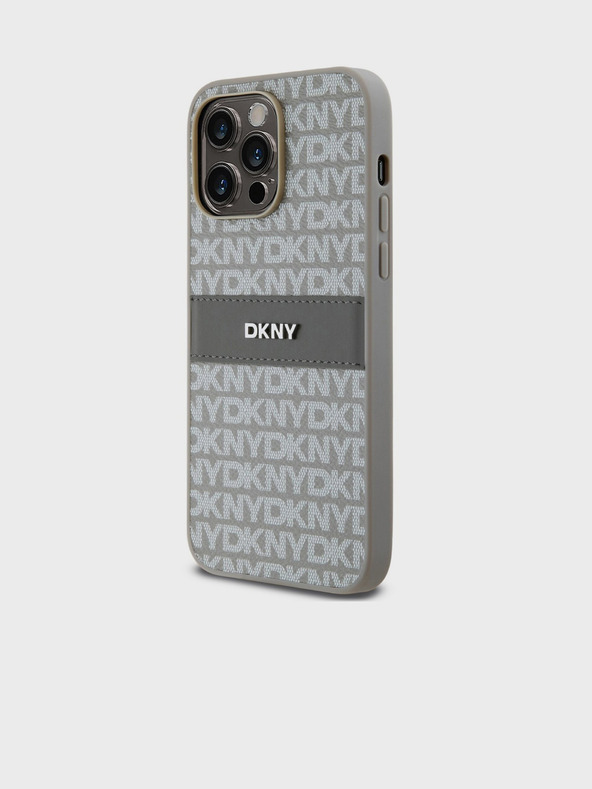 DKNY PU Leather Repeat Pattern Tonal Stripe Back Cover pentru iPhone 14 Pro Beige DKNY