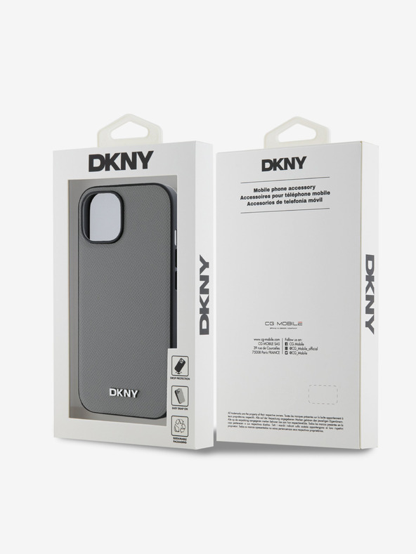 DKNY PU Leather Silver Metal Logo Magsafe Back Cover pentru iPhone 15 gri DKNY
