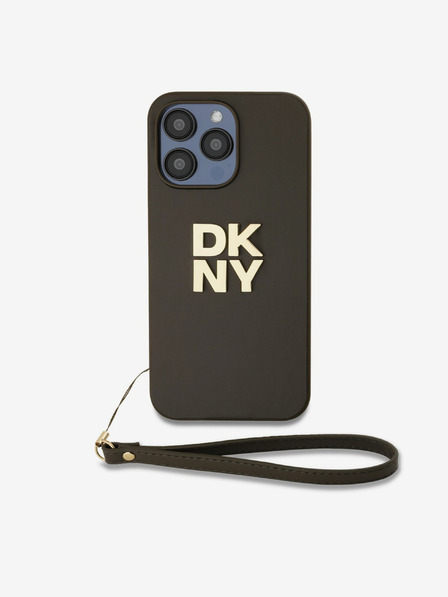 DKNY PU piele Stack Logo Wrist Strap Back Cover pentru iPhone 15 Pro Brown DKNY