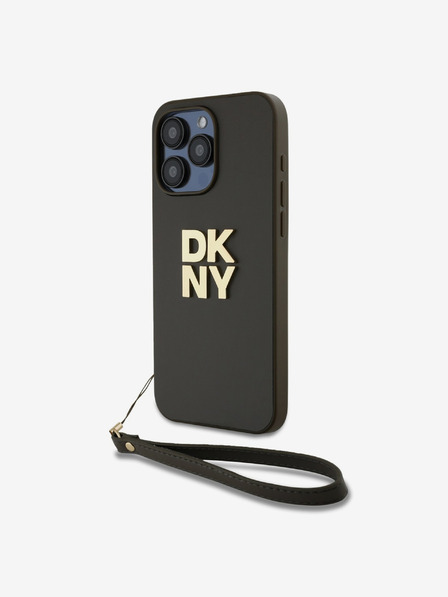 DKNY PU piele Stack Logo Wrist Strap Back Cover pentru iPhone 15 Pro Brown DKNY