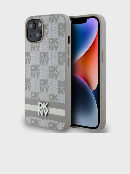 DKNY Husă spate din piele PU cu model în carouri și dungi pentru iPhone 15 bej DKNY