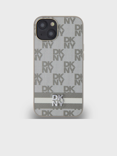 DKNY Husă spate din piele PU cu model în carouri și dungi pentru iPhone 15 bej DKNY