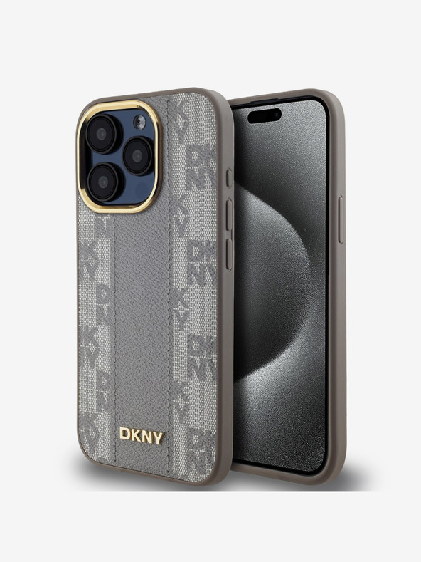 DKNY PU piele Checkered Pattern Magsafe Back Cover pentru iPhone 15 Pro Max bej DKNY
