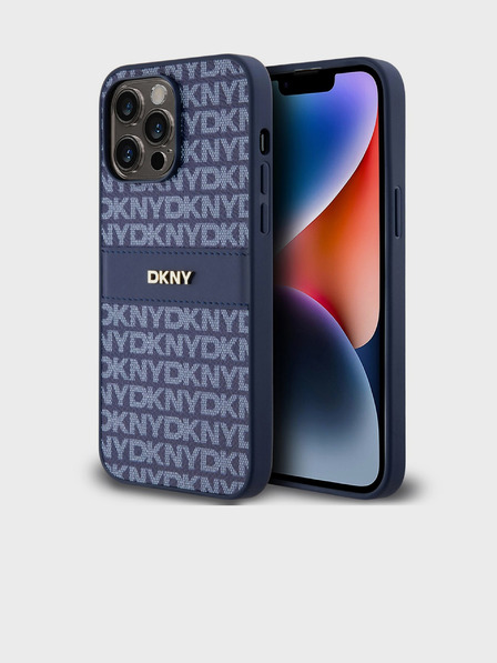 DKNY PU Leather Repeat Pattern Tonal Stripe Back Cover pentru iPhone 14 Pro albastru DKNY