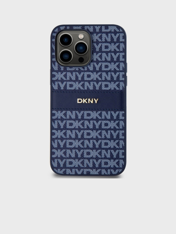 DKNY PU Leather Repeat Pattern Tonal Stripe Back Cover pentru iPhone 14 Pro albastru DKNY
