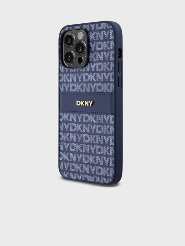 DKNY PU Leather Repeat Pattern Tonal Stripe Back Cover pentru iPhone 14 Pro albastru DKNY