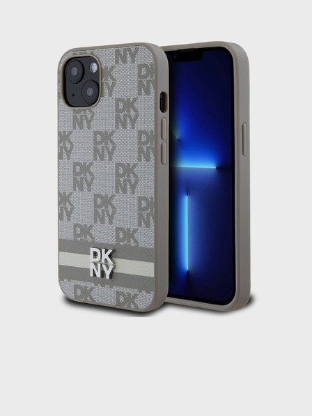 DKNY PU piele Checkered Pattern și Stripe Back Cover pentru iPhone 13 bej DKNY