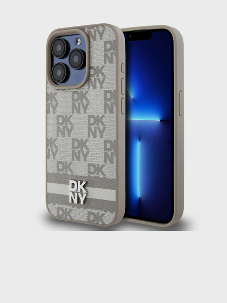 DKNY Husă spate din piele PU cu model în carouri și dungi pentru iPhone 15 Pro bej DKNY