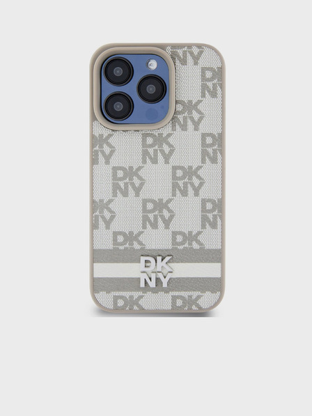 DKNY Husă spate din piele PU cu model în carouri și dungi pentru iPhone 15 Pro bej DKNY