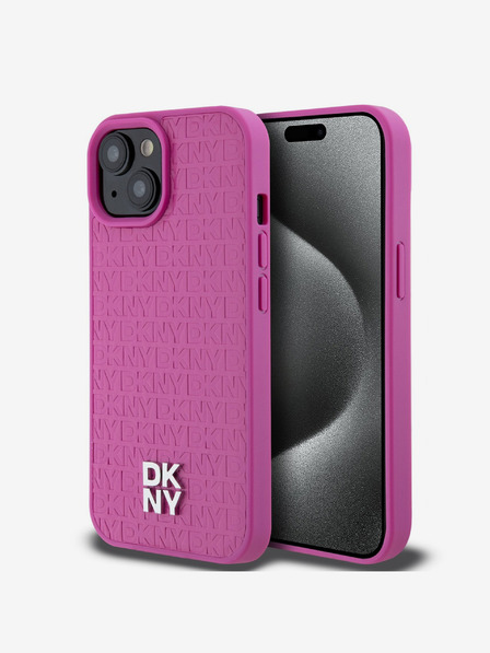 DKNY PU piele Repeat Pattern Stack Logo Magsafe Back Cover pentru iPhone 15 roz DKNY