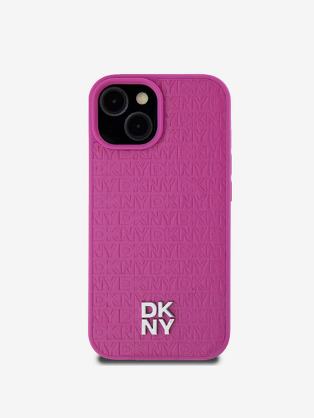 DKNY PU piele Repeat Pattern Stack Logo Magsafe Back Cover pentru iPhone 15 roz DKNY