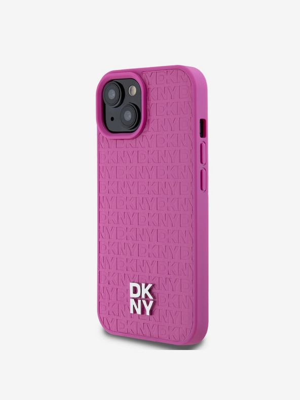 DKNY PU piele Repeat Pattern Stack Logo Magsafe Back Cover pentru iPhone 15 roz DKNY