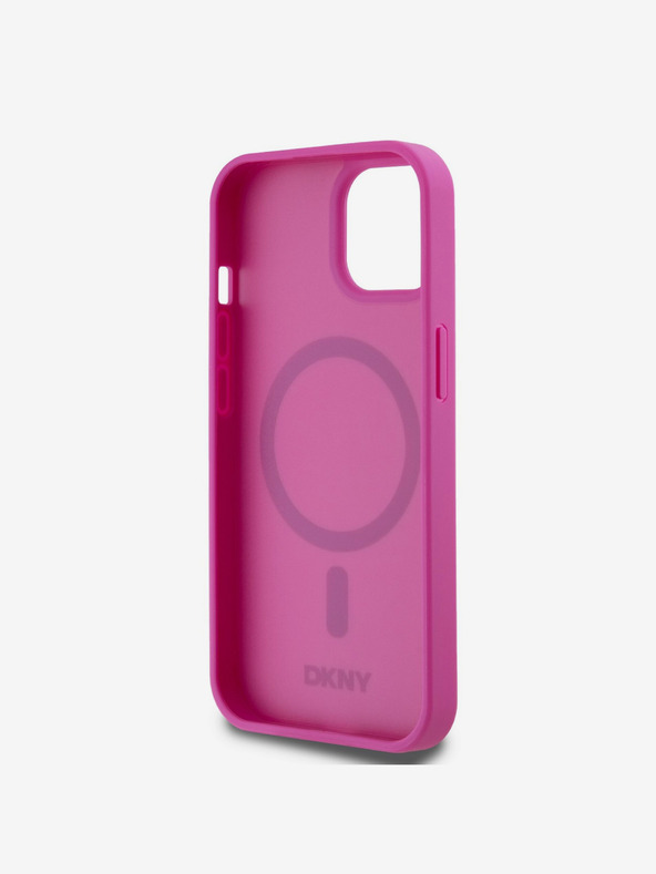 DKNY PU piele Repeat Pattern Stack Logo Magsafe Back Cover pentru iPhone 15 roz DKNY