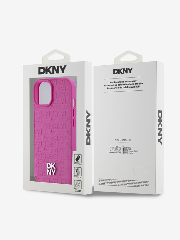 DKNY PU piele Repeat Pattern Stack Logo Magsafe Back Cover pentru iPhone 15 roz DKNY