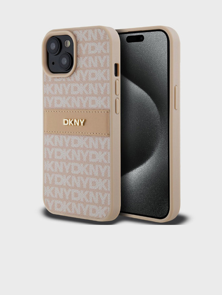DKNY PU Leather Repeat Pattern Tonal Stripe Back Cover pentru iPhone 15 roz DKNY