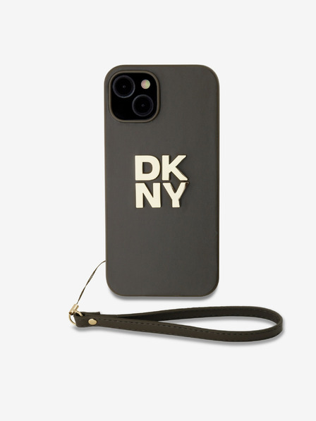 DKNY PU piele Stack Logo Wrist Strap Back Cover pentru iPhone 13 Brown DKNY