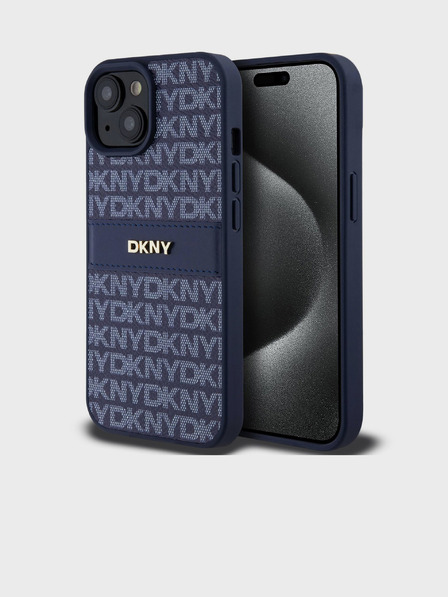DKNY PU Leather Repeat Pattern Tonal Stripe Back Cover pentru iPhone 15 albastru DKNY
