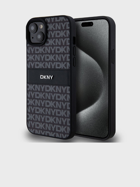 DKNY PU Leather Repeat Pattern Tonal Stripe Back Cover pentru iPhone 15 Plus Negru DKNY
