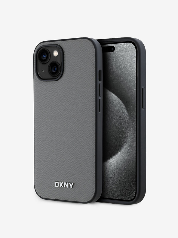 DKNY PU Leather Silver Metal Logo Magsafe Back Cover pentru iPhone 14 gri DKNY