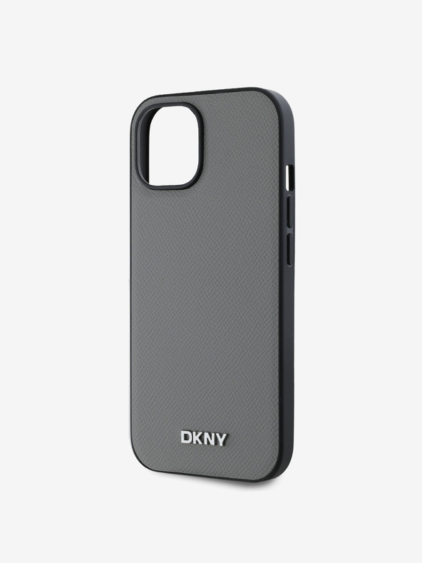 DKNY PU Leather Silver Metal Logo Magsafe Back Cover pentru iPhone 14 gri DKNY
