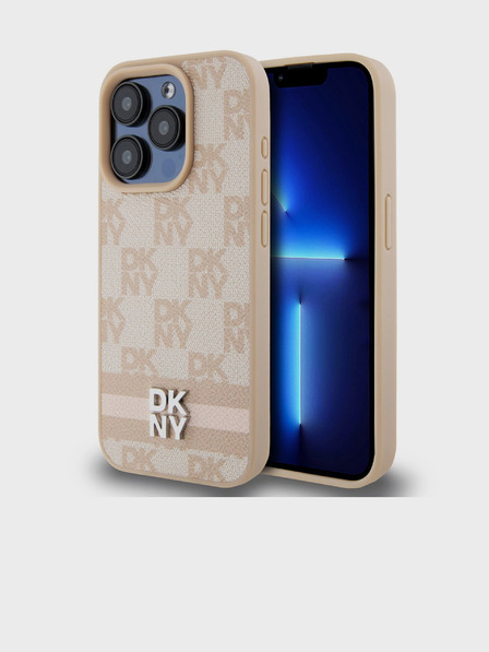 DKNY PU Leather Checkered Pattern și Stripe Back Cover pentru iPhone 14 Pro roz DKNY