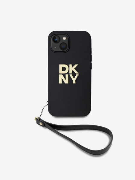 DKNY PU piele Stack Logo Wrist Strap Back Cover pentru iPhone 14 negru DKNY