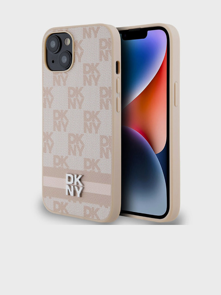 DKNY PU Leather Checkered Pattern și Stripe Back Cover pentru iPhone 15 roz DKNY