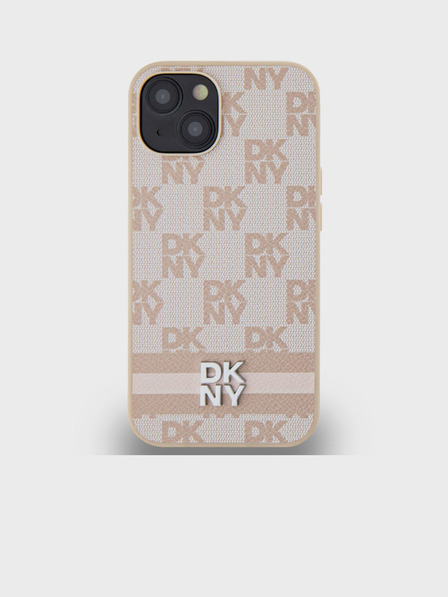 DKNY PU Leather Checkered Pattern și Stripe Back Cover pentru iPhone 15 roz DKNY