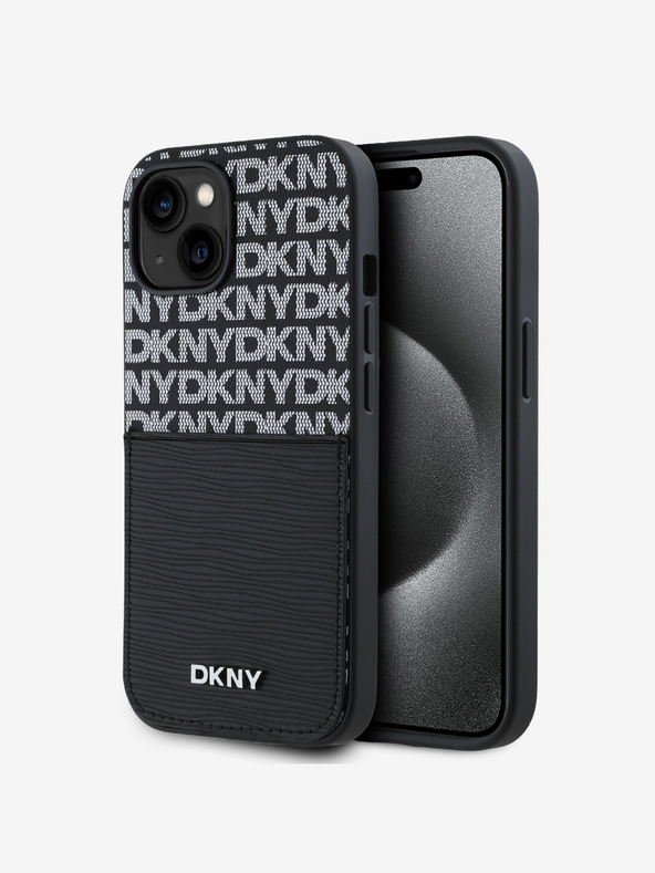 DKNY PU piele Repeat Pattern Card Pocket Back Cover pentru iPhone 15 negru DKNY