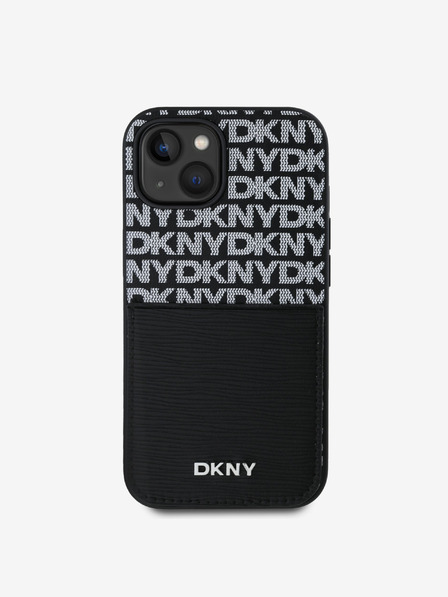 DKNY PU piele Repeat Pattern Card Pocket Back Cover pentru iPhone 15 negru DKNY