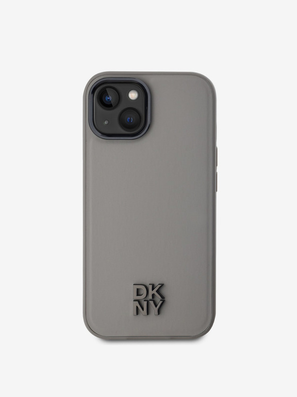 DKNY PU piele Stack Logo Magsafe Back Cover pentru iPhone 15 gri DKNY