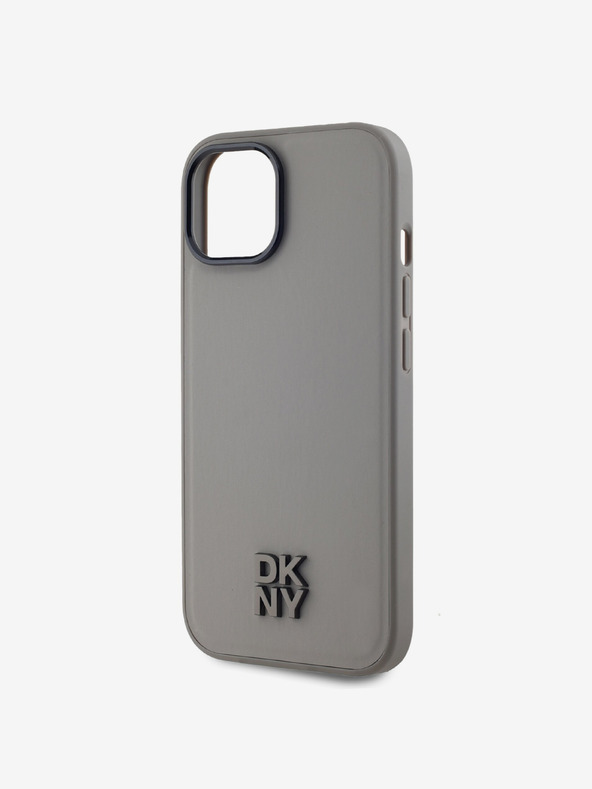 DKNY PU piele Stack Logo Magsafe Back Cover pentru iPhone 15 gri DKNY