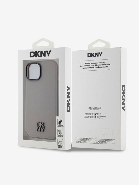 DKNY PU piele Stack Logo Magsafe Back Cover pentru iPhone 15 gri DKNY