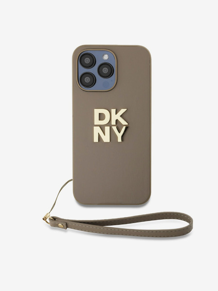 DKNY PU piele Stack Logo Wrist Strap Back Cover pentru iPhone 14 Pro Max bej DKNY
