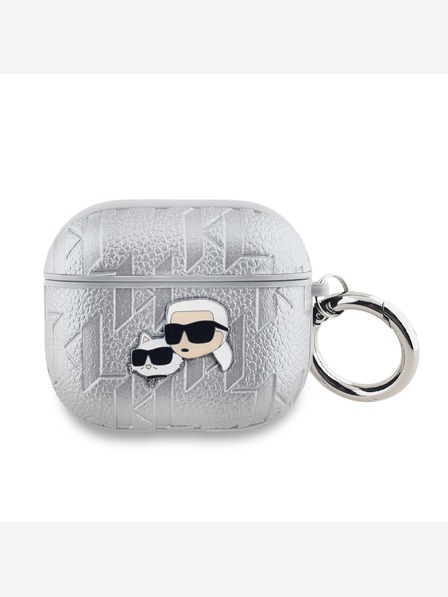 Karl Lagerfeld Husă cu cap Karl și Choupette în relief PU pentru AirPods 3 Silver Karl Lagerfeld