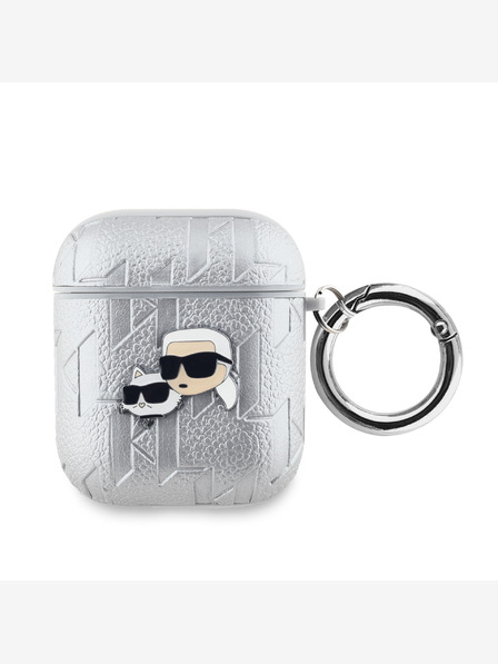 Karl Lagerfeld Husă cu capete Karl și Choupette în relief PU pentru AirPods 1/2 Silver Karl Lagerfeld