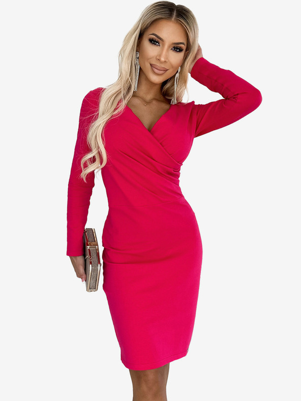 numoco Rochie elegantă din bumbac cu decolteu creion și mâneci lungi - fucsia Numoco