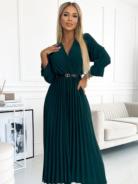 numoco SERENA Rochie maxi cu gât rotund și cu curea, cu mâneci 3/4 - Verde Numoco