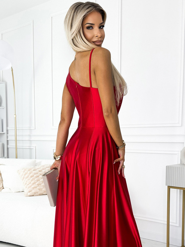 numoco Rochie lungă elegantă din satin cu un singur umăr - roșu Numoco