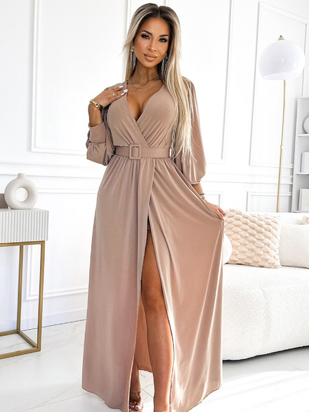 numoco FIORELLA Rochie lungă cu curea lată și decolteu - bej Numoco
