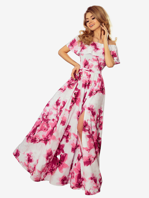 numoco Rochie lungă cu volane - flori mari roz Numoco