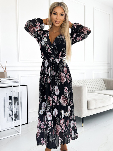 numoco Rochie midi plisată cu decolteu, mâneci lungi și cravată în talie - negru cu flori roz Numoco