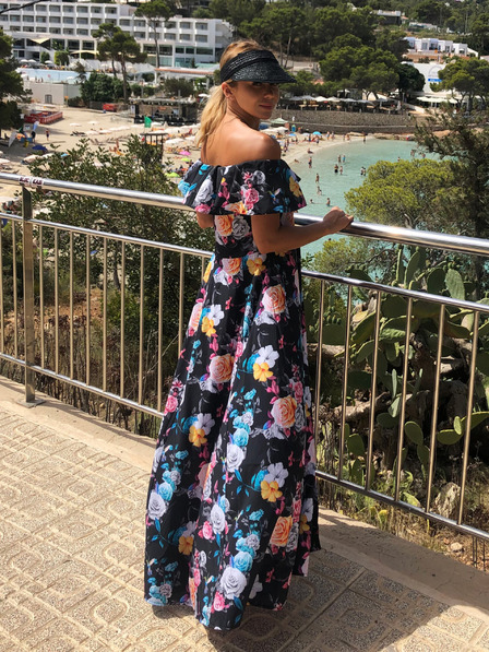 numoco Rochie lungă cu volane - negru + flori colorate Numoco