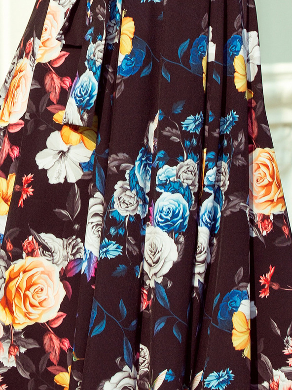 numoco Rochie lungă cu volane - negru + flori colorate Numoco