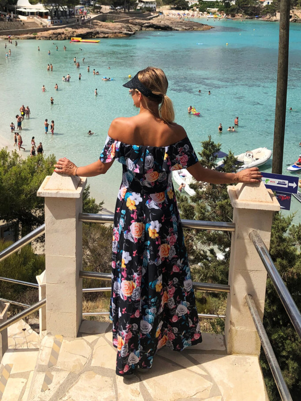 numoco Rochie lungă cu volane - negru + flori colorate Numoco