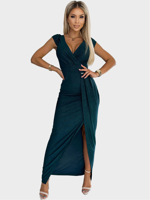 numoco Rochie lucioasă cu mânecă scurtă, decolteu decupat și crăpătură pe picior - verde Numoco