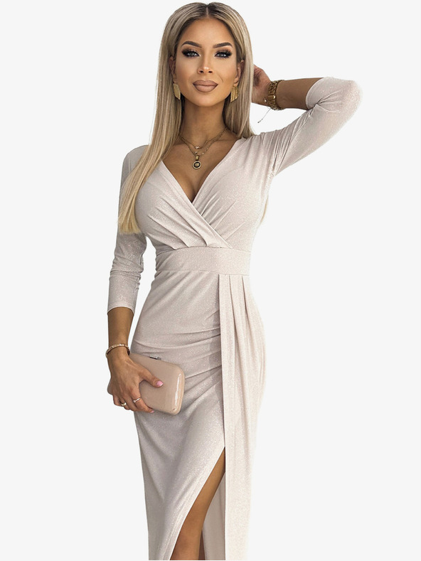 numoco Rochie strălucitoare cu decolteu și croială pe picior - bej Numoco